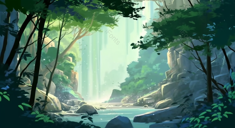 绿色深山瀑布岩石自然风景插画,插画/手绘图,插画/手绘图库,插画/手绘图下载,插画/手绘